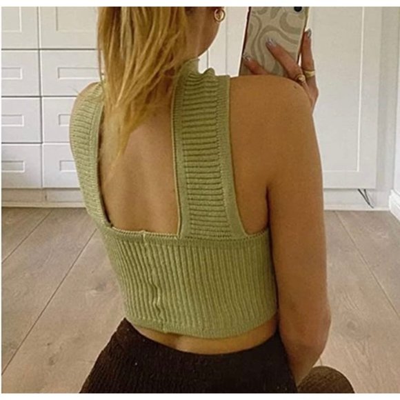 Womens|Knit Halter Crop Top|Large L|Green|Stretch|Sleeveless - Picture 6 of 13